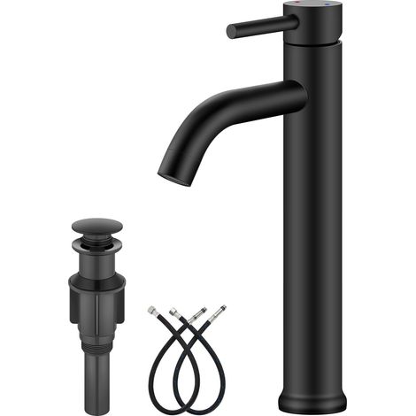 Robinet en acier inoxydable mat à col de cygne : design cylindrique, monotrou et monocommande inclut une bonde à clapet et assure le mélange de l'eau chaude et froide. (1/3)