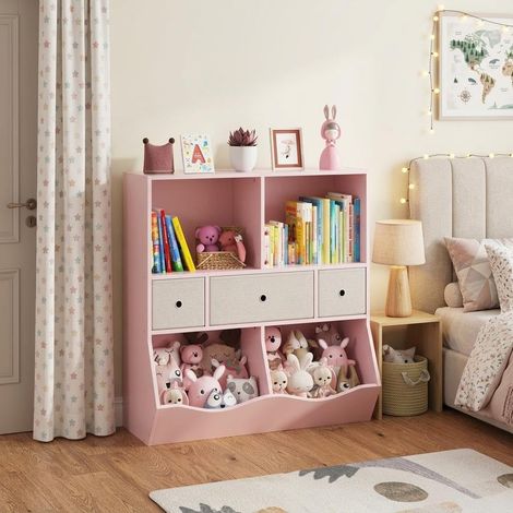 Lot 2 bibliothèques enfant rose multifonction rangement jouets, étagères casiers tiroirs amovibles pour chambre salle de jeux école maternelle et couloir (1/5)