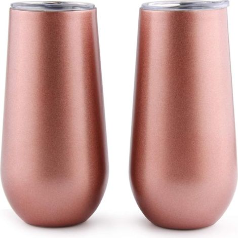 Champagne Flute Glass Stainless Steel Double Walled Insulated Wine Glasses with Lids Rose Gold (1/5)