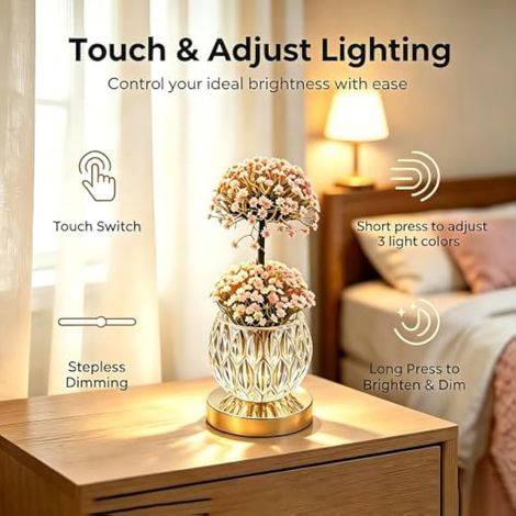Veilleuse en Fleurs Artificielles, Lampe de Chevet Double Couche en Gypsophile,Lampe de Chevet Tactile Rechargeable USB,3 Couleurs et Intensité Variable, Cadeau Romantique pour Femme (1/3)