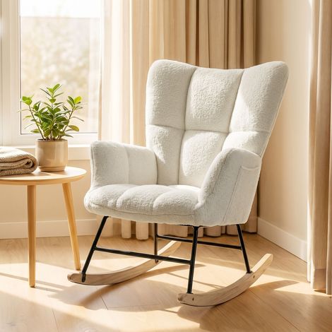 Fauteuil à bascule à dossier haut, recouvert de velours Teddy couleur crème (1/5)