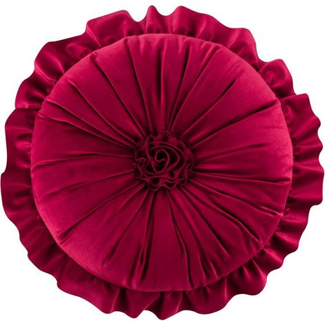 Coussin Rond Décoratif - Velours Plissé Citrouille - Bord Ruché et Fleur en 3D - Pour Canapé Chambre Bureau Voiture - 35 cm (1/4)