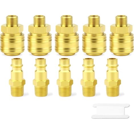 10pièces Raccord industriel mâle et bouchon d'air Deutscher Stil 1/4 pouce, raccord rapide pour air comprimé 1/4 pouce à débit de base, bouchon d'air (1/5)
