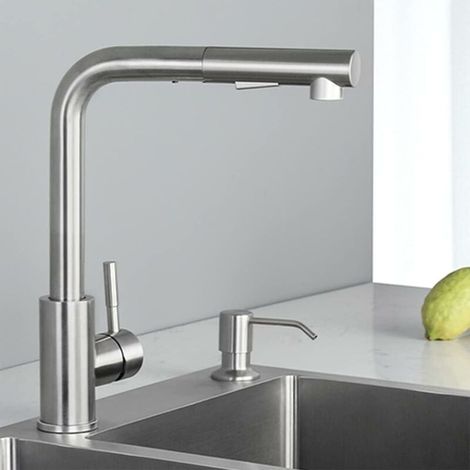 Grifo de cocina con cabezal extraíble y dos modos de chorro, rotación de 360°, conexión de agua fría y caliente, acero inoxidable cepillado (1/5)