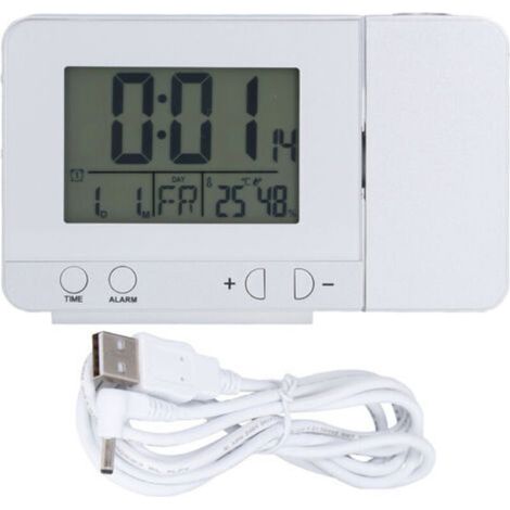 Réveil à Projection, Radio-réveil Numérique avec Projecteur Plafond Rotatif à 180° avec Station Météo, Thermomètre sans Fil, Répétition D'alarme Double, Chargeur Téléphone USB, 4 Modes Lumino