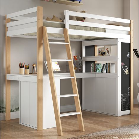 Letto rialzato bambini 90x200 cm con scrivania, scala, cassetto, lavagna e ripiano, bianco (1/5)