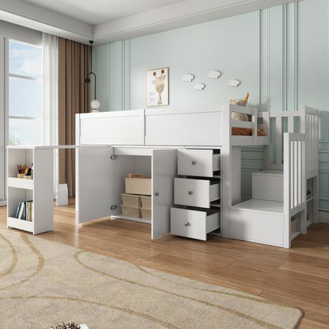 Lit mezzanine 90x200 avec bureau et rangements blanc HAVRYA