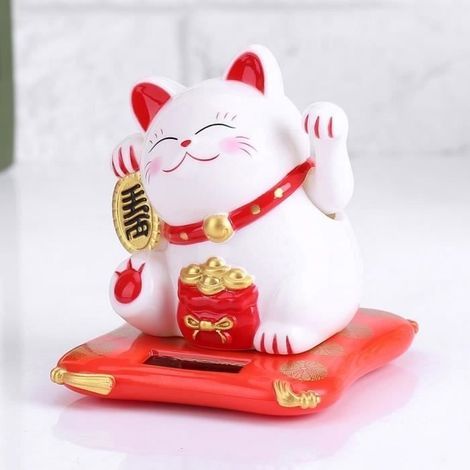 Niedliche, solarbetriebene Maneki-neko-Winkkatze als Dekoration für Zuhause, Büro oder Auto (weiß) (1/4)