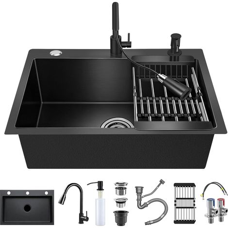 Lavello da cucina in acciaio inox nero – 1 vasca 68x45 cm con rubinetto, scolapiatti e dispenser di sapone – Finitura PVD antigraffio – Kit completo con sifone e troppopieno (1/5)