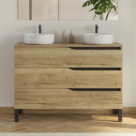 Meuble de salle de bain 120cm avec plateau et 2 vasques à poser Ares - 3 tiroirs - sans miroir - madera miel (bois clair) - MATA (1/4)