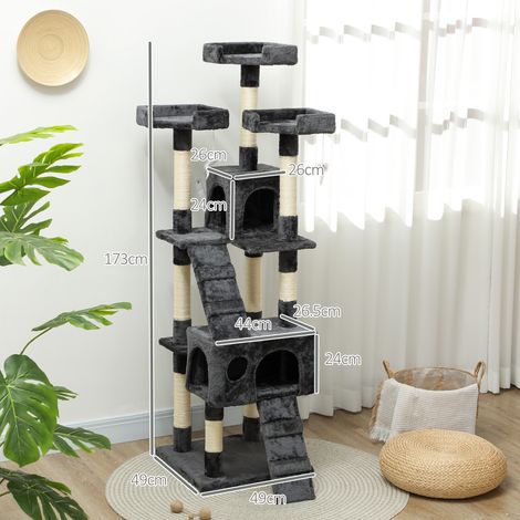 Katzenbaum mit Kratzstämmen. 173 cm. Kletterturm mit 4 Plattformen. Rampen. 2 Verstecke. 3 Schlafplätze. Sisalstämme. Hängendes Spielzeug. Grau (1/5)