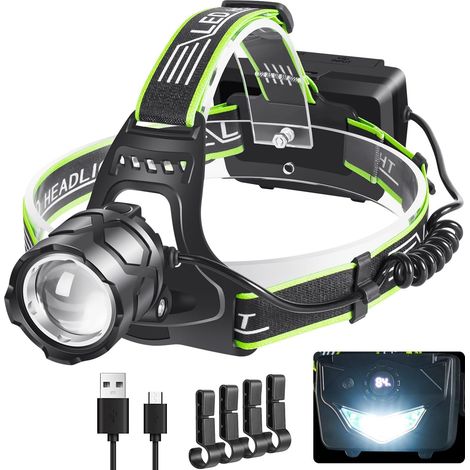 Linterna frontal LED recargable, ultrapotente, 90.000 lúmenes, 5 modos y luz trasera roja, 9000 mAh, recargable por USB, para camping, pesca y ciclismo.
