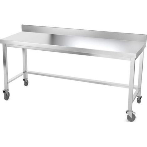 Table de travail en inox 2000 x 600 mm adossée avec renfort sur roulettes PREMIUM - GOLDINOX (1/4)