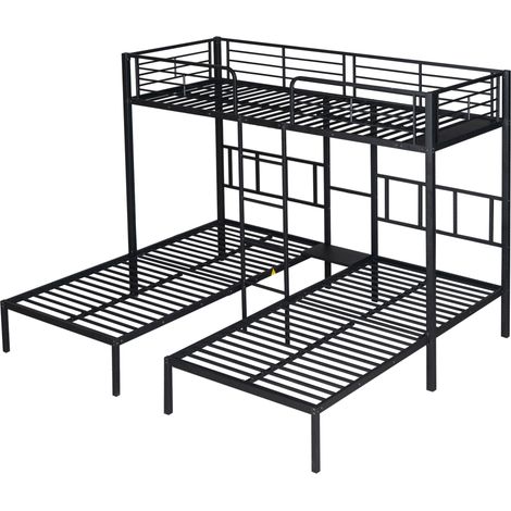 Lit superposé triple en métal noir 90 x 200 cm avec échelle et table de chevet (1/5)