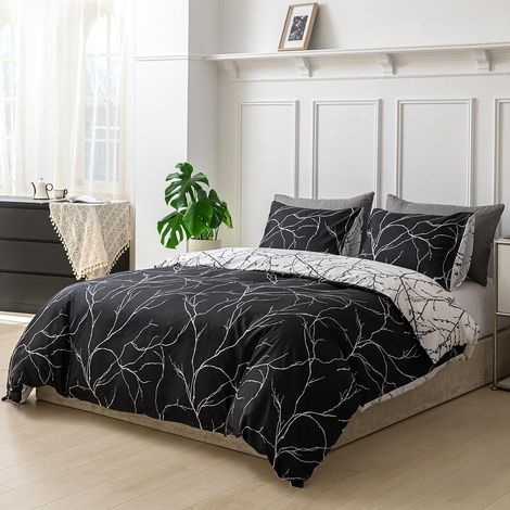 Housse de Couette 220x240 avec 2 Taies d'oreiller 65x65 cm - Motif de Branche Réversible - Parure de lit 220x240 Adulte - 100% Microfibre Parure Couette avec Fermetures éclair, Noir Blanc (1/5)