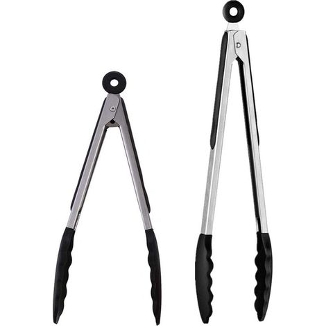 2pcs Pinces Cuisine Professionnel En Acier Inoxydable Et Silicone Alimentaire (Noir/ 30,5 & 23cm) (1/5)