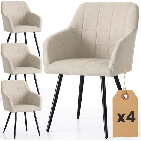 Lot de 4 Chaises rembourrées à surpiqûres carrées LUXANO Beige pieds noirs tissu Lumos (1/5)