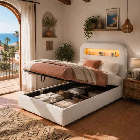 Lit coffre enfant 90x200cm avec rangement hydraulique et éclairage LED Lit rembourré avec sommier à lattes en bouclé blanc sans matelas (1/5)