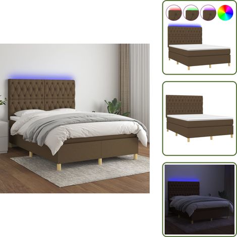 Sommier à lattes de lit matelas et LED Marron foncé 140x190 cm - Sommier Tapissier - Lit Avec Rangement - Lit Plateforme - Lit Double - Matelas À Ressorts Ensachés (1/5)