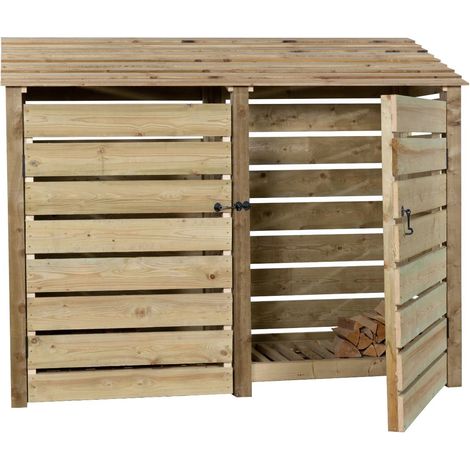 Slatted wooden log store with door W-227cm, H-180cm, D-88cm - natural (light green) finish
