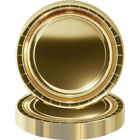 Assiettes en papier doré - Lot de 16 - 22,9 cm - Vaisselle jetable élégante - Fête Noël mariage anniversaire (1/5)
