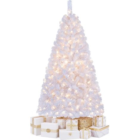 COSTWAY Sapin de Noël Artificiel Blanc Pré-Éclairé à Feuilles PVC, 150 cm (1/5)