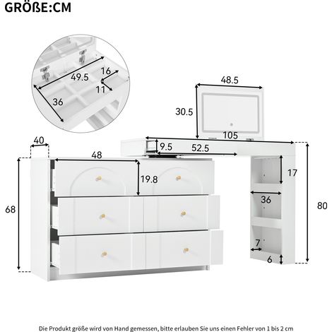 Coiffeuse pivotante avec éclairage LED, table de toilette, table de bureau, blanche, 105×40×80cm (1/5)