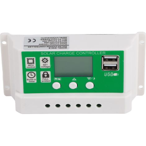 Régulateur de charge solaire PWM 20A 12V/24V à reconnaissance automatique, écran LCD, double port USB, câble photovoltaïque inclus, pour batteries lithium et panneaux solaires (1/5)