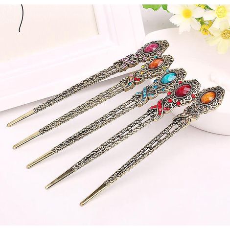 5 Pcs , Baguette Cheveux Femme, Baguettes De Cheveux Chignon En Mtal Bronze Avec Pingle Cheveux Chinois Diamant/fleur Strass/accessoires De Cheve (1/5)
