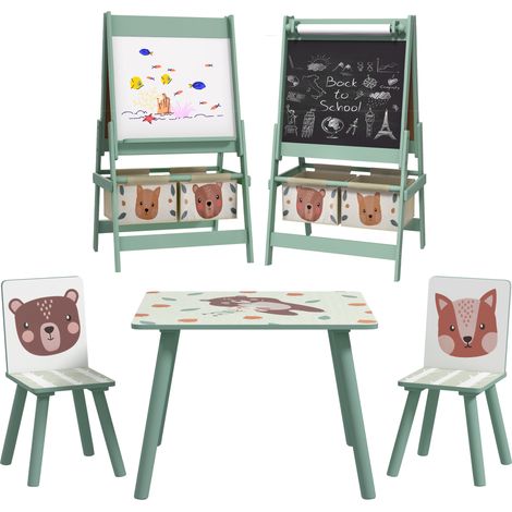 ZONEKIZ Kids Table and Chairs and Kids Easel Set with Storage, Green (1/5)
