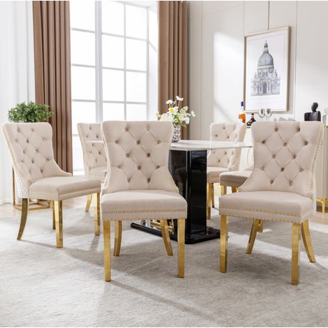 Chaise salle a manger velours beige dossier anneau metal OKMYHOME (1/5)