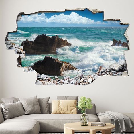 Stickers Trompe l'oeil trou dans le mur - Vue Mer - 40 x 64 cm (1/3)