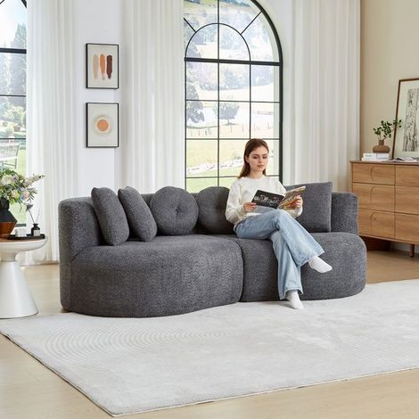 Canapé Modulable 2 Pièces forme courbée tissu chenille anthracite dossier continu 6 coussins forme cajou (1/5)