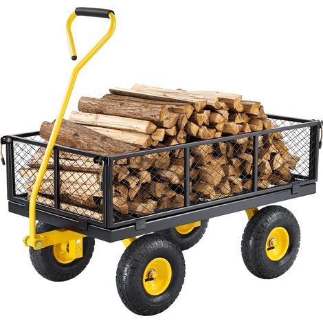 Chariot de Jardin Transport, Charge 408,23 kg, Chariot Utilitaire Robuste Tractable Extérieur en Métal avec Pneus 254 mm, Côtés Amovibles en Maille Réglables, Poignée Rotative 180°, Jaune Noir (1/5)