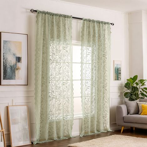 Rideaux en dentelle vert sauge vintage – Lot de 2 panneaux semi-transparent, filtration lumineuse, floral, pour salon et chambre (130x160 cm)