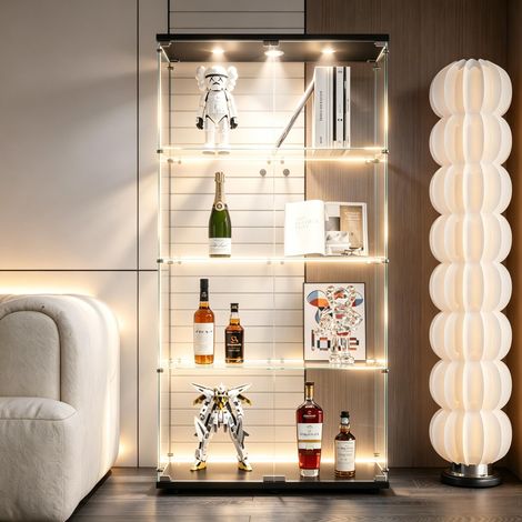 FOERPL-Vetrina a 4 ripiani in vetro per collezioni con illuminazione a LED, vetrina moderna con 4 ripiani e 2 ante, mobile verticale per collezioni autoportanti, vetrina in vetro a parete