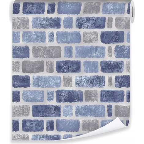 Papier peint mur de briques imitation bleu sur mur molletonné salon chambre  coucher (1/3)