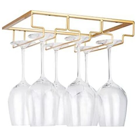 Support de Verre à Vin - Porte-Verres à Pied Suspendu sous Armoire en Métal avec Vis, Support de Rangement pour Verre en Fer Inoxydable avec 3 Rangées pour Cuisine, Bar, Restaurant Doré (1/5)
