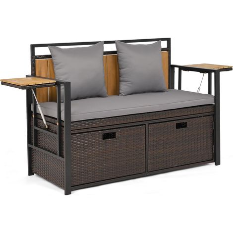 COSTWAY Panca da Giardino con Vano Contenitore, Panchina a 2 Posti in Rattan PE, con Tavolini Pieghevoli, Cuscini Imbottiti, per Esterno, Balcone, Terrazza, 120 x 51 x 82 cm, Portata 360 kg (Grigio) (1/5)