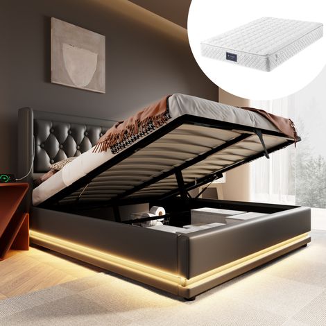 FLORAGRACE Lit coffre 160x200 cm en PU noir, coffre hydraulique, tête de lit capitonnée avec USB Type-C, LED 3 côtés (1/5)