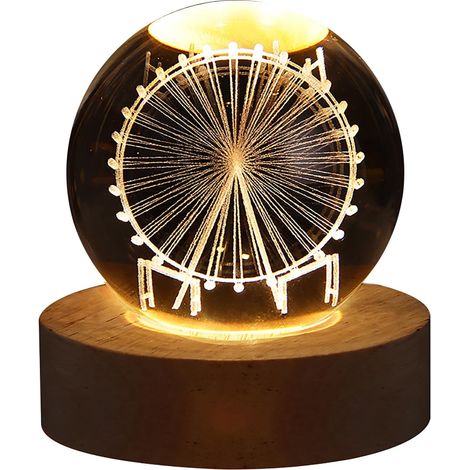 Boule De Cristal - Veilleuse À LED Système Solaire - Socle En Bois - 8 cm - Pour Chambre Ou Bureau - 1 Pièce (1/3)