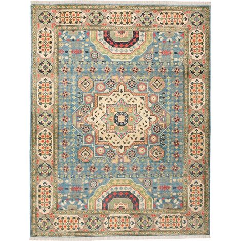 Tapis salon 153 x 197 cm, motif géométrique, laine nouée main, bleu, beige et rouge, style authentique afghan (1/5)