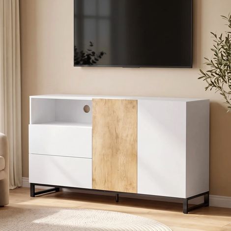 Buffet salon, meuble de rangement avec 2 portes à fermeture douce, 2 tiroirs et étagère réglable, blanc et chêne (1/5)