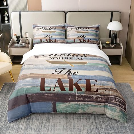 Lac Vie 100% Coton Housse de Couette 200x200cm Camping Parure de Lit pour Rouille en Bois Literie Set Paddle Ensemble de lit décoration de Chambre décoration de Ferme Ensemble de Literie - 200 x 200 c (1/5)