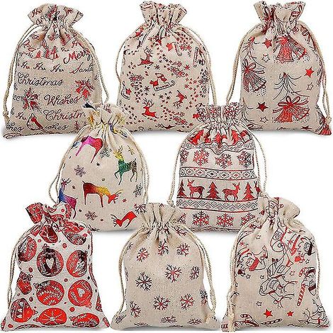 Lot de 16 sacs cadeaux de Noël en toile de jute avec cordon de serrage, pochettes cadeaux pour emballages de bonbons et cadeaux de Noël (1/5)