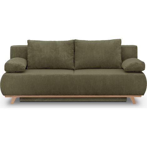 Homifab – Canapé convertible 3 places avec coffre de rangement – Velours côtelé Oeko-Tex® vert kaki – Couchage 138x186 cm – Coussins déhoussables