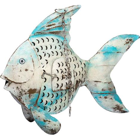 Pez portavela de metal envejecido azul, 56x10x42h cm