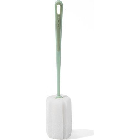 Brosse à bouteille longue avec éponge verte, flexible 360°, trou de suspension, nettoyage doux et élastique pour bouteilles. (1/5)