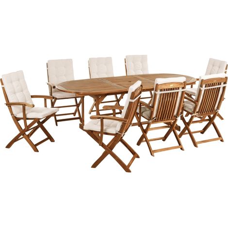 Set da pranzo da giardino con tavolo ovale sedie pieghevoli con cuscini beige chiaro a 8 posti Maui Premium (1/5)