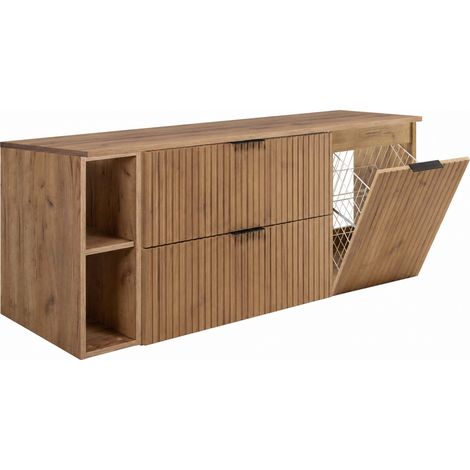 Meuble sous vasque 140 cm avec panier à linge, chêne craft, plan noir, poignées dorées (1/5)
